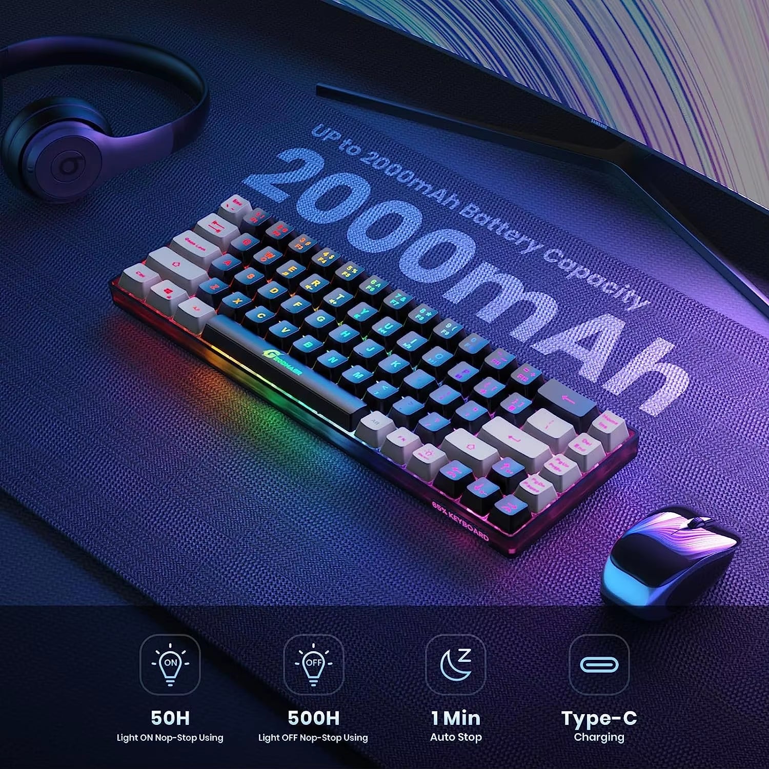 2.4G Wireless Gaming Keyboard Rechargeable Backlit Gaming Keyboard 68 Keys English/Spanish Layout Keyboard for PC - GadgifyLab
