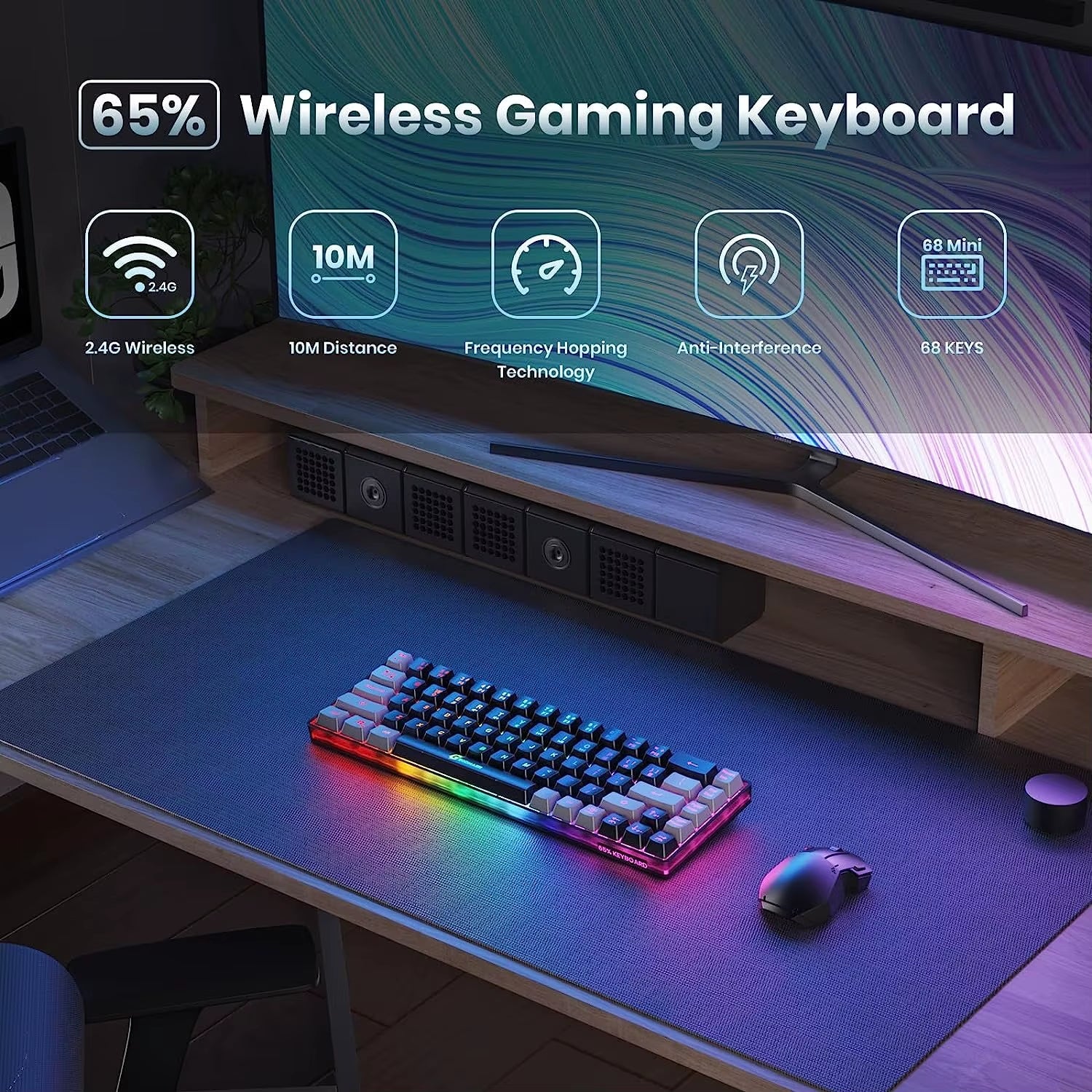2.4G Wireless Gaming Keyboard Rechargeable Backlit Gaming Keyboard 68 Keys English/Spanish Layout Keyboard for PC - GadgifyLab