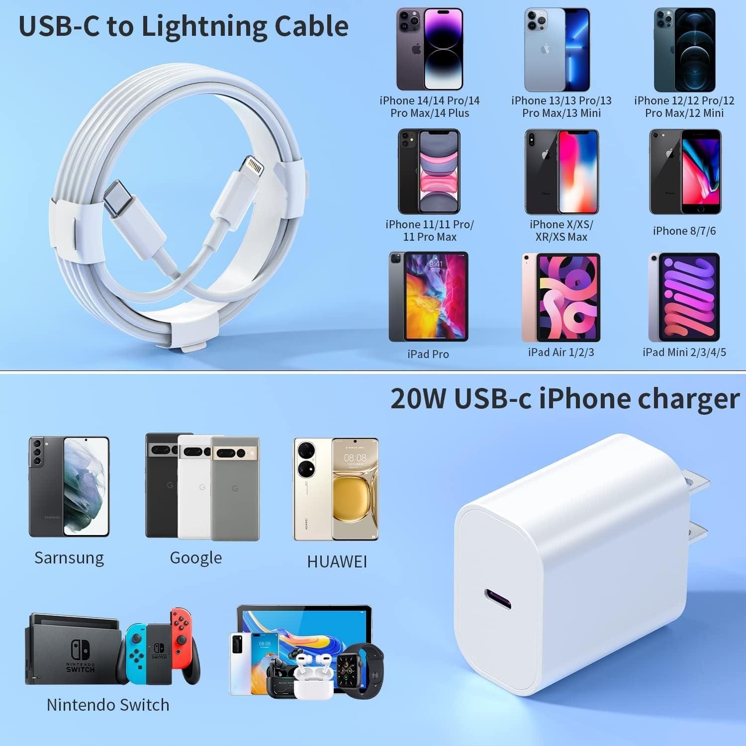 2Pack 20W Type C Charger Block with 6Ft USB C to L Cable, PD Fast Charger Compatible with Iphone, Ipad, Ipod - GadgifyLab