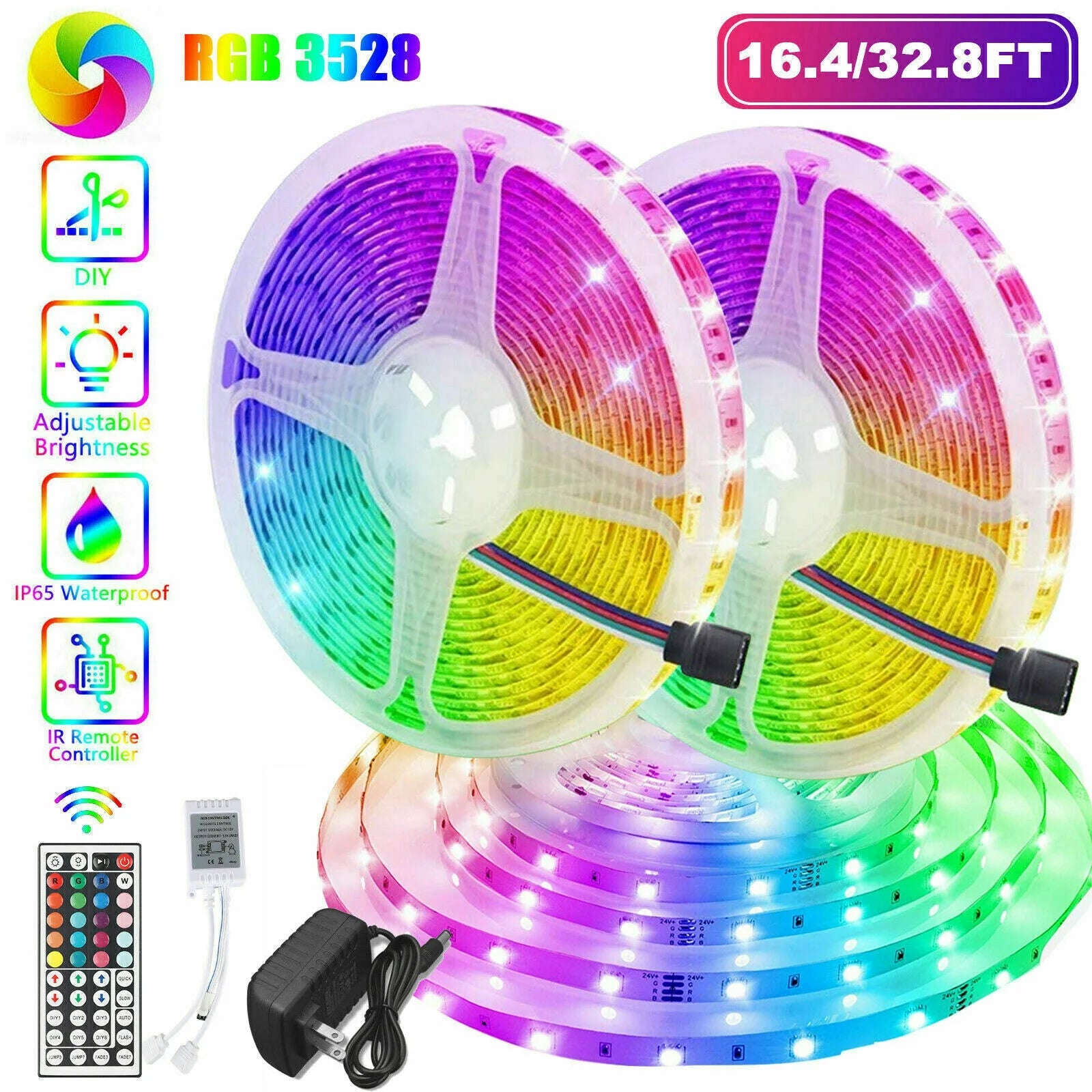32FT LED SMD Strip Light Flexible 3528 RGB Remote Fairy Lights Room TV Party Bar - GadgifyLab