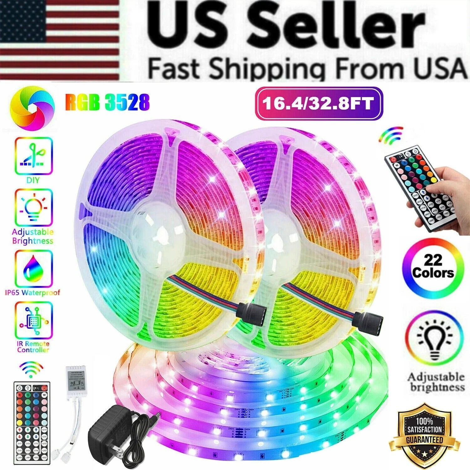 32FT LED SMD Strip Light Flexible 3528 RGB Remote Fairy Lights Room TV Party Bar - GadgifyLab