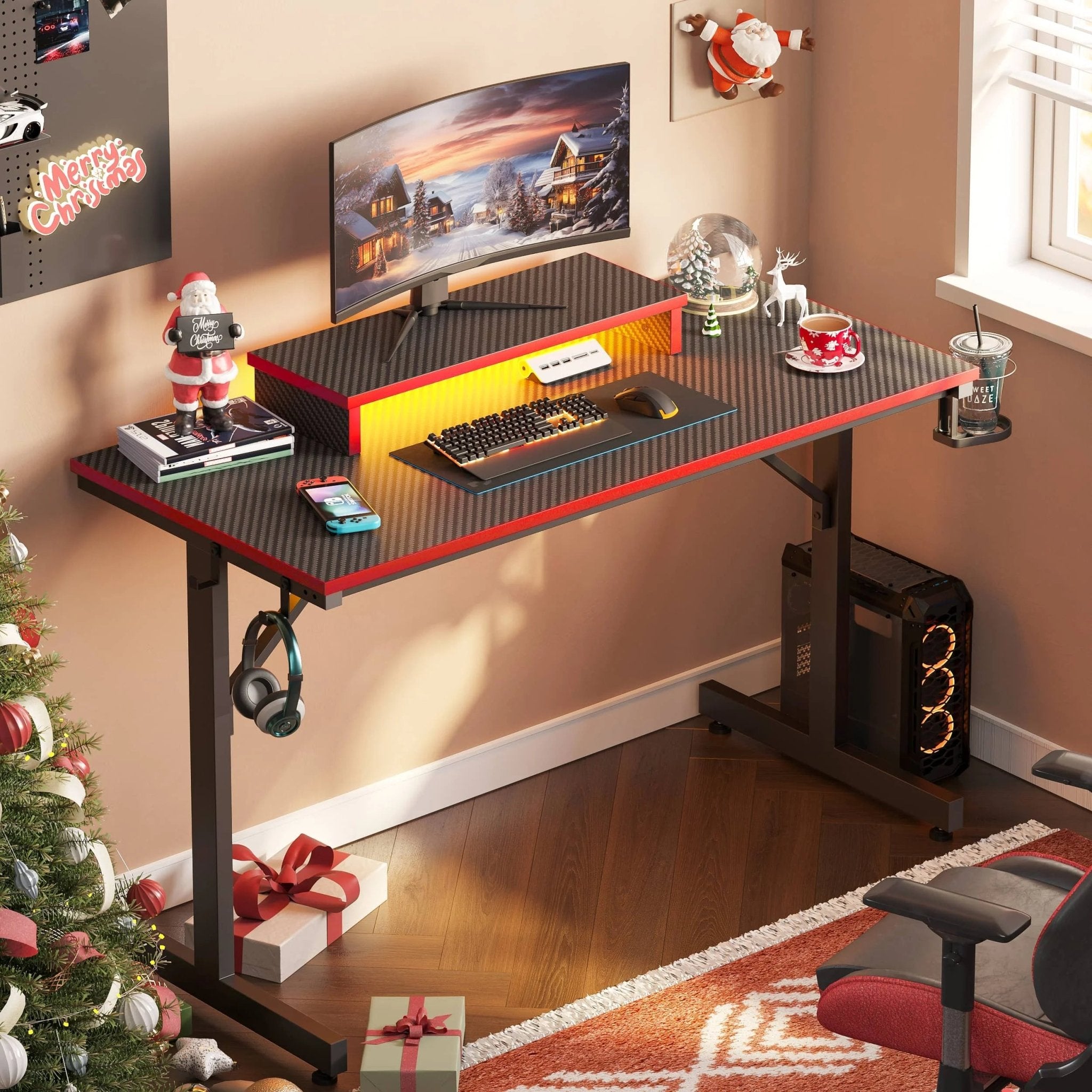 42" Gaming Desk PC Computer Office Gamer Table Desk with LED Lights & Monitor Stand in Red - GadgifyLab