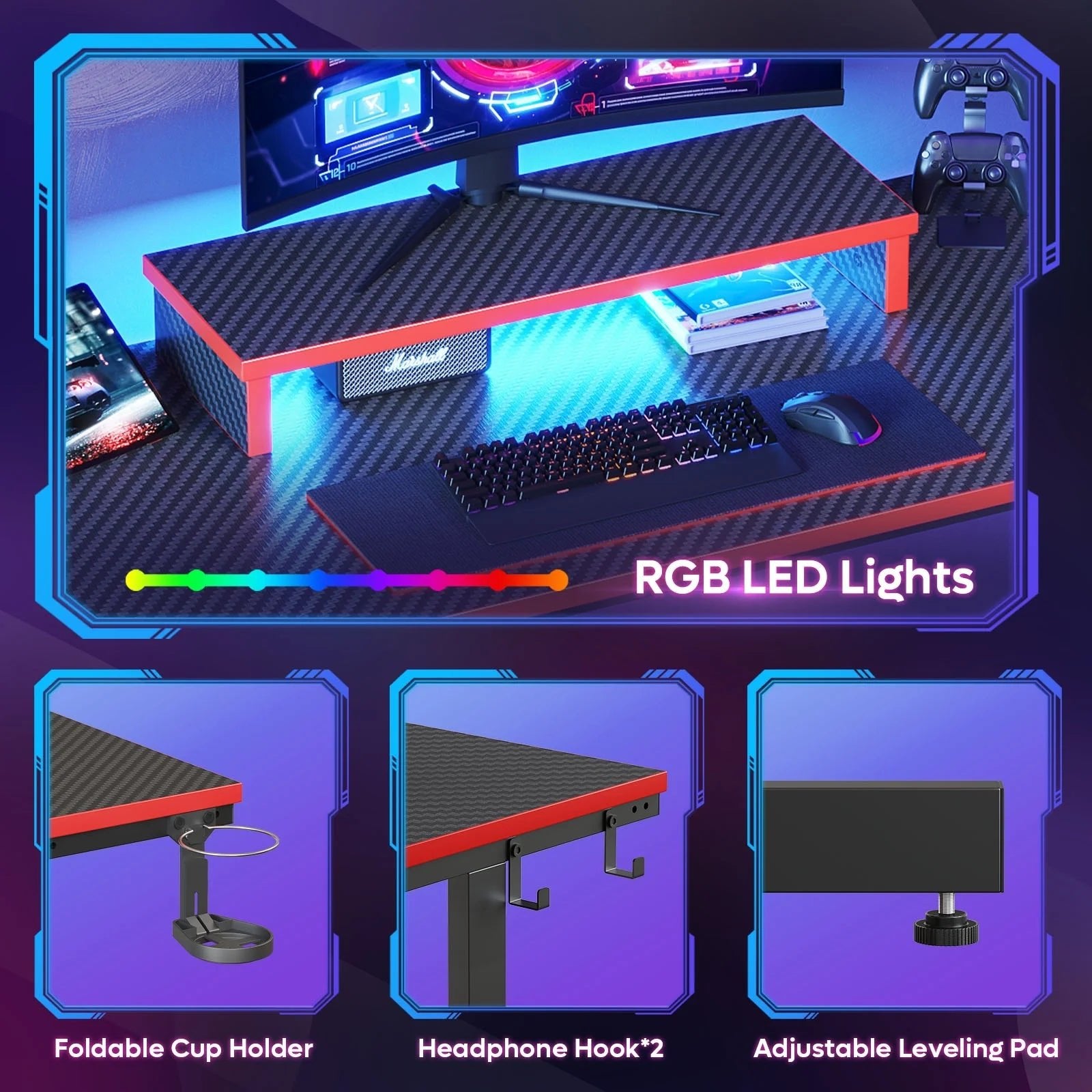 42" Gaming Desk PC Computer Office Gamer Table Desk with LED Lights & Monitor Stand in Red - GadgifyLab