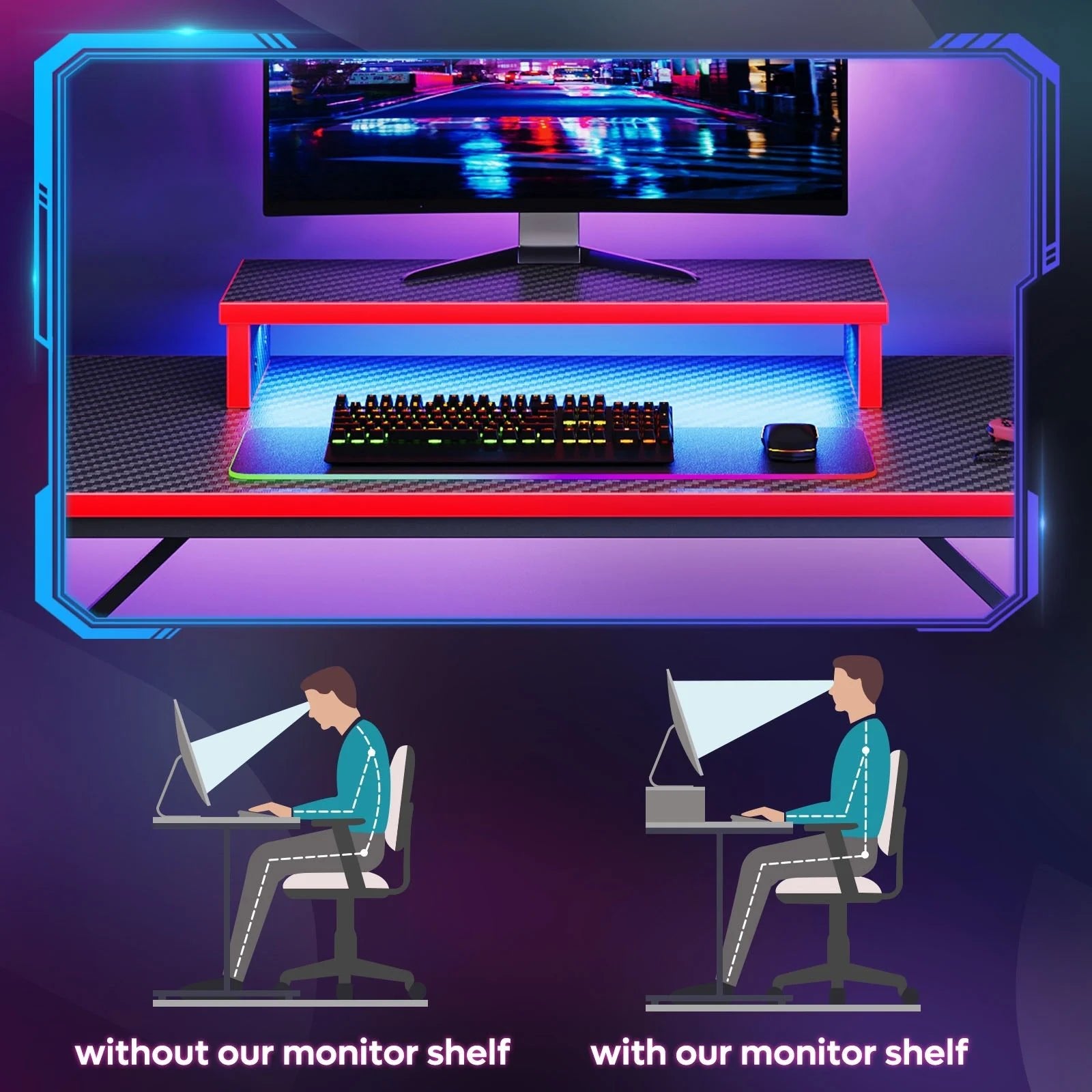 42" Gaming Desk PC Computer Office Gamer Table Desk with LED Lights & Monitor Stand in Red - GadgifyLab