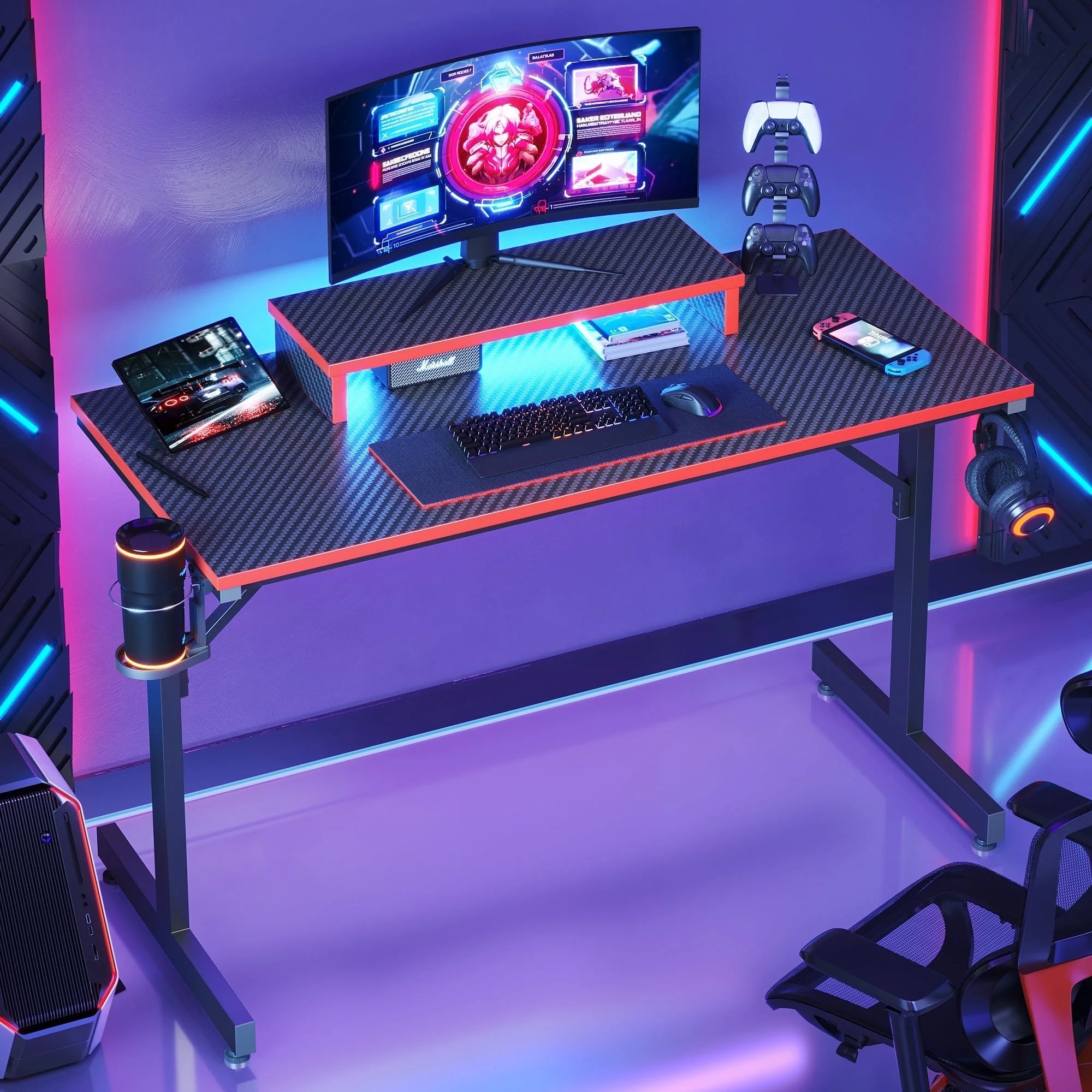42" Gaming Desk PC Computer Office Gamer Table Desk with LED Lights & Monitor Stand in Red - GadgifyLab