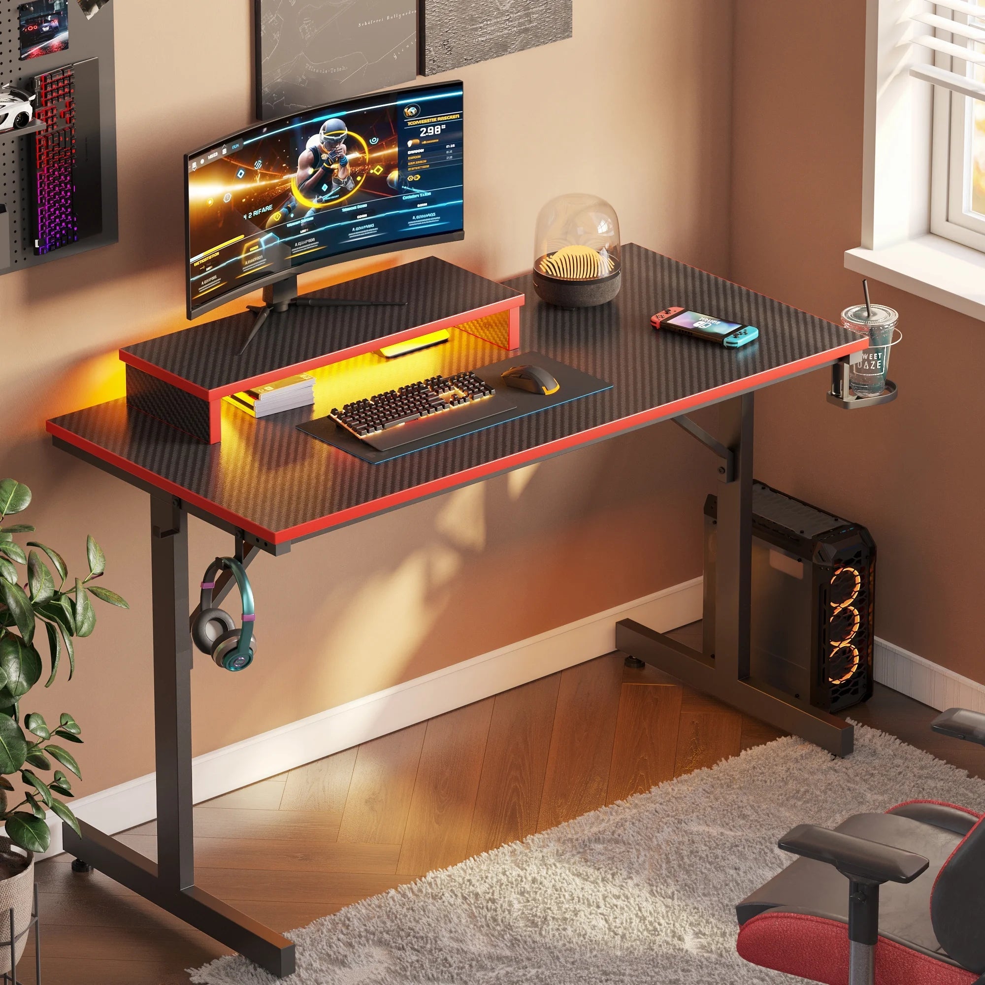 42" Gaming Desk PC Computer Office Gamer Table Desk with LED Lights & Monitor Stand in Red - GadgifyLab