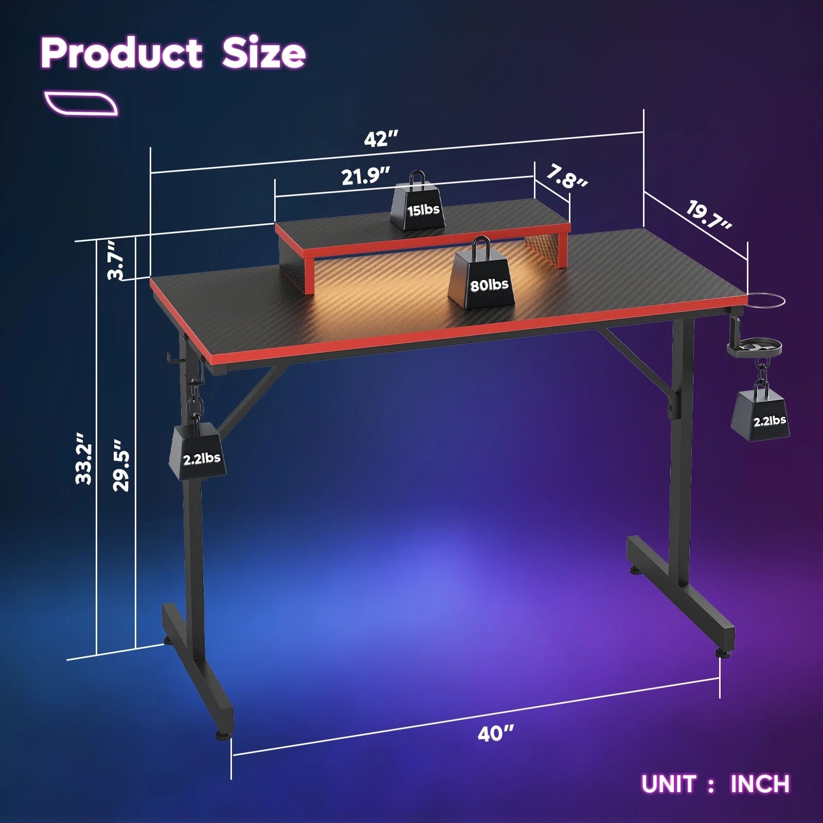42" Gaming Desk PC Computer Office Gamer Table Desk with LED Lights & Monitor Stand in Red - GadgifyLab