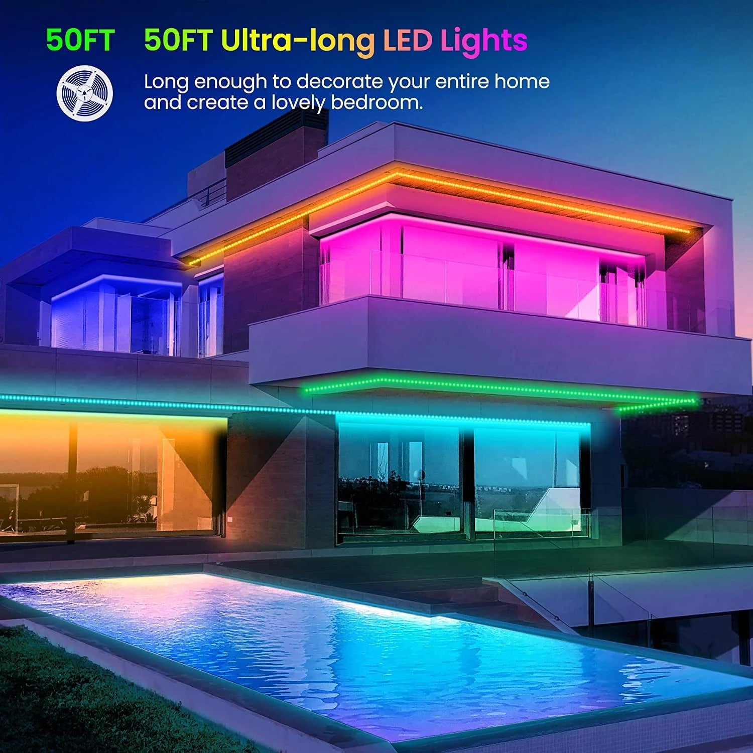 50 FT LED Strip Lights,Bluetooth LED Lights for Bedroom, Color Changing Light Strip with Music Sync, Phone Controller and IR Remote(App+Remote +Mic). - GadgifyLab