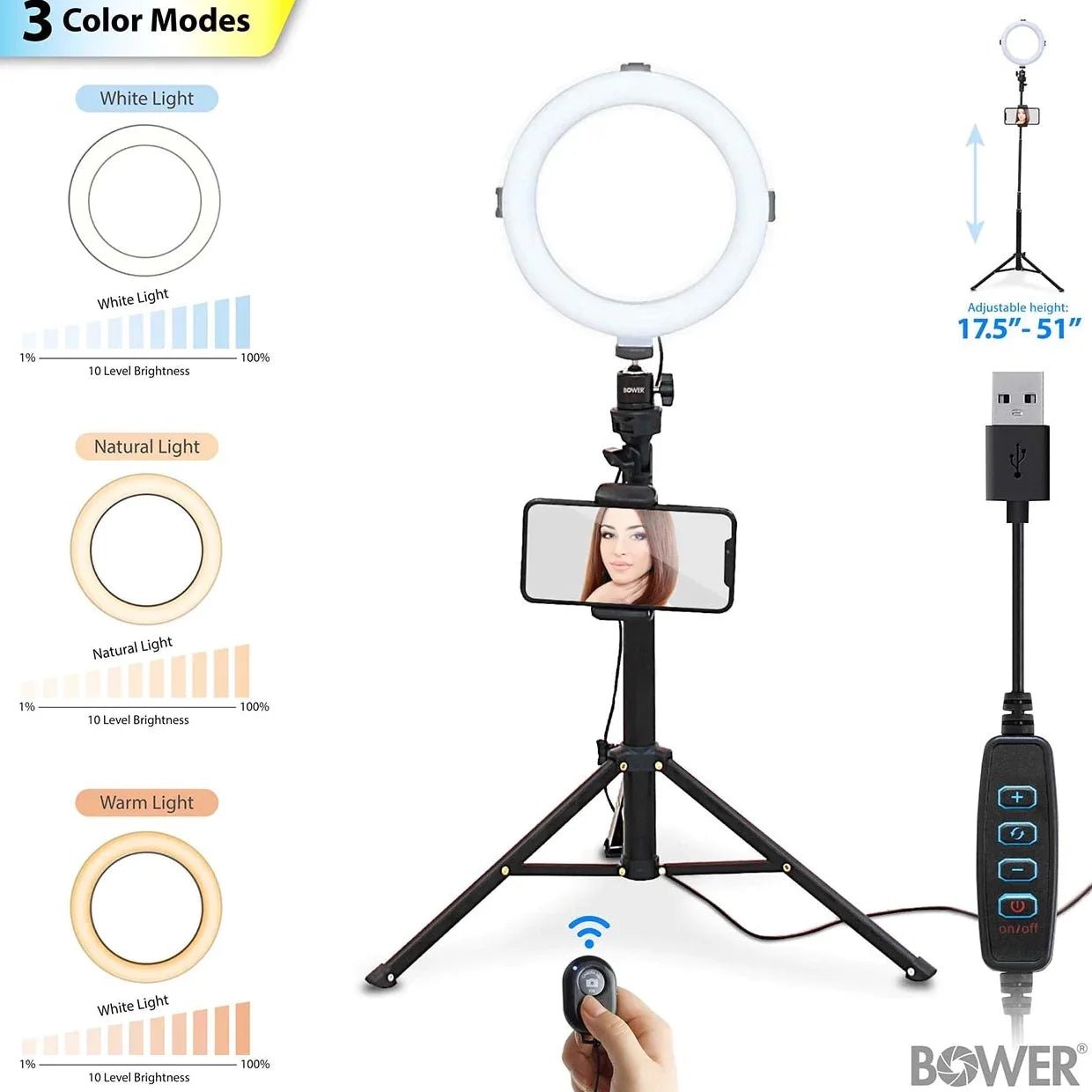 8” Selfie Ring Light Studio with Tripod Stand and Phone Holder – 8” LED Ring Light, 51” Extendable Tripod, 360º Tripod Ball Head, 3 White Modes, 10 Bright Levels, Wireless Remote - GadgifyLab