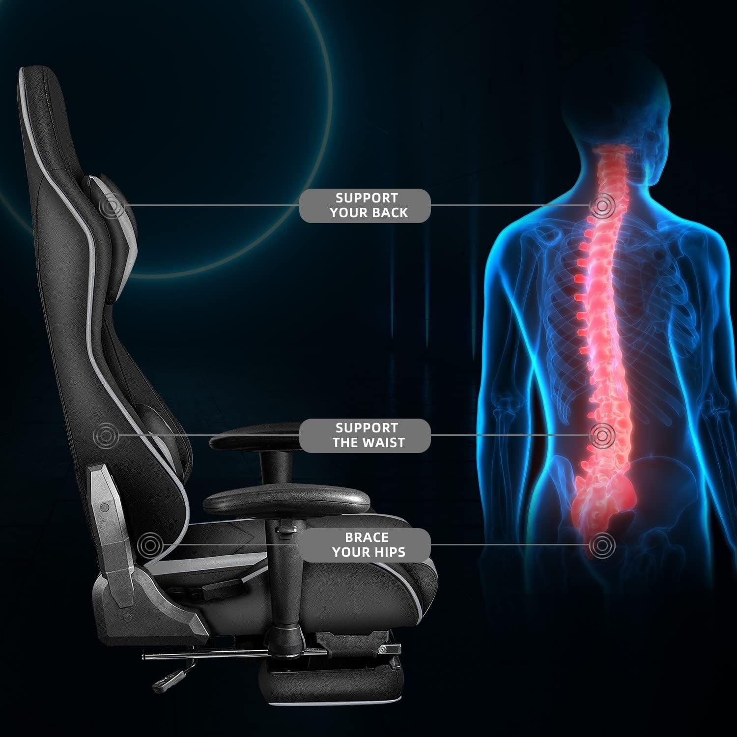 Gaming Chair with Footrest, Gaming Chairs, Comfortable Office Chairs Ergonomic Computer Gamer Chair with Headrest and Lumbar Support, High Back Gaming Chairs for Teens Adults, Grey - GadgifyLab