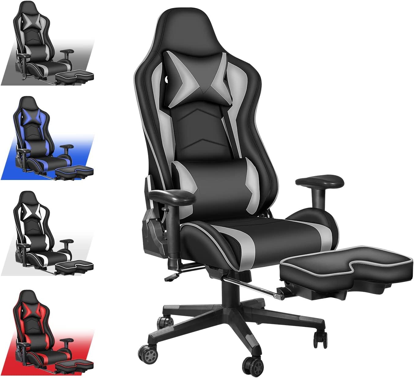 Gaming Chair with Footrest, Gaming Chairs, Comfortable Office Chairs Ergonomic Computer Gamer Chair with Headrest and Lumbar Support, High Back Gaming Chairs for Teens Adults, Grey - GadgifyLab