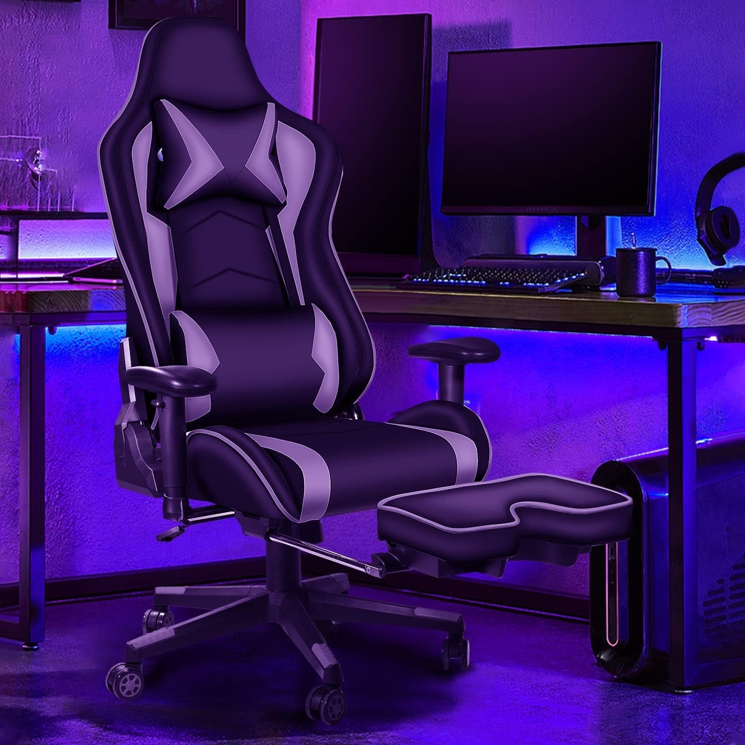 Gaming Chair with Footrest, Gaming Chairs, Comfortable Office Chairs Ergonomic Computer Gamer Chair with Headrest and Lumbar Support, High Back Gaming Chairs for Teens Adults, Grey - GadgifyLab