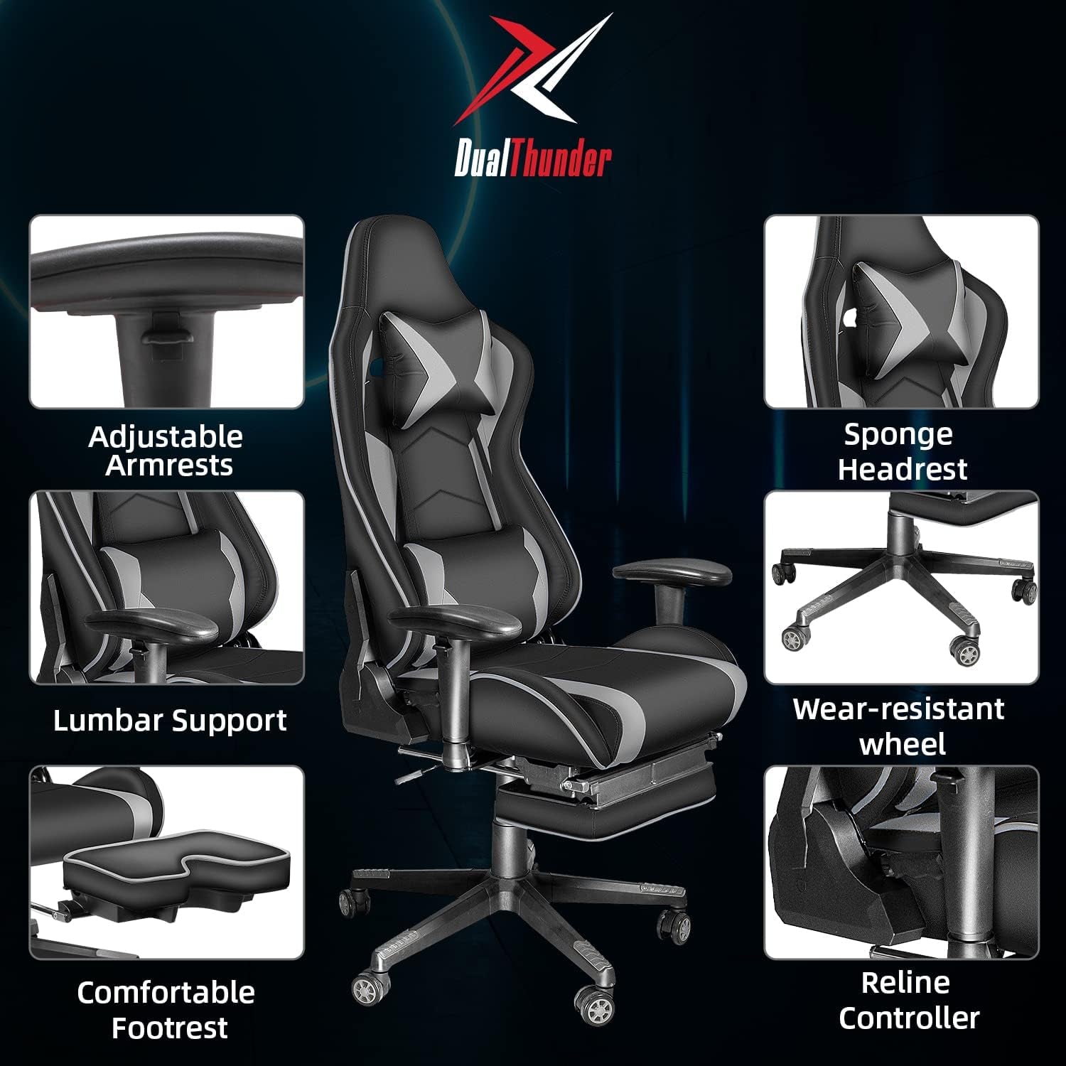 Gaming Chair with Footrest, Gaming Chairs, Comfortable Office Chairs Ergonomic Computer Gamer Chair with Headrest and Lumbar Support, High Back Gaming Chairs for Teens Adults, Grey - GadgifyLab