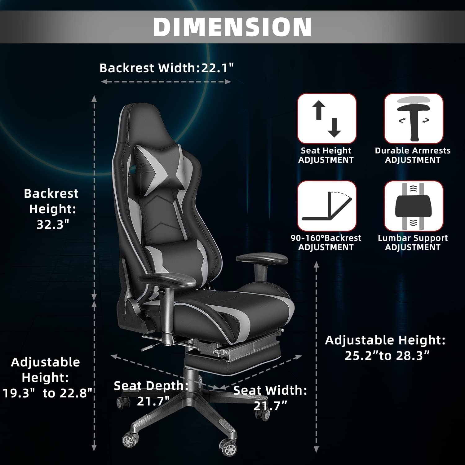 Gaming Chair with Footrest, Gaming Chairs, Comfortable Office Chairs Ergonomic Computer Gamer Chair with Headrest and Lumbar Support, High Back Gaming Chairs for Teens Adults, Grey - GadgifyLab