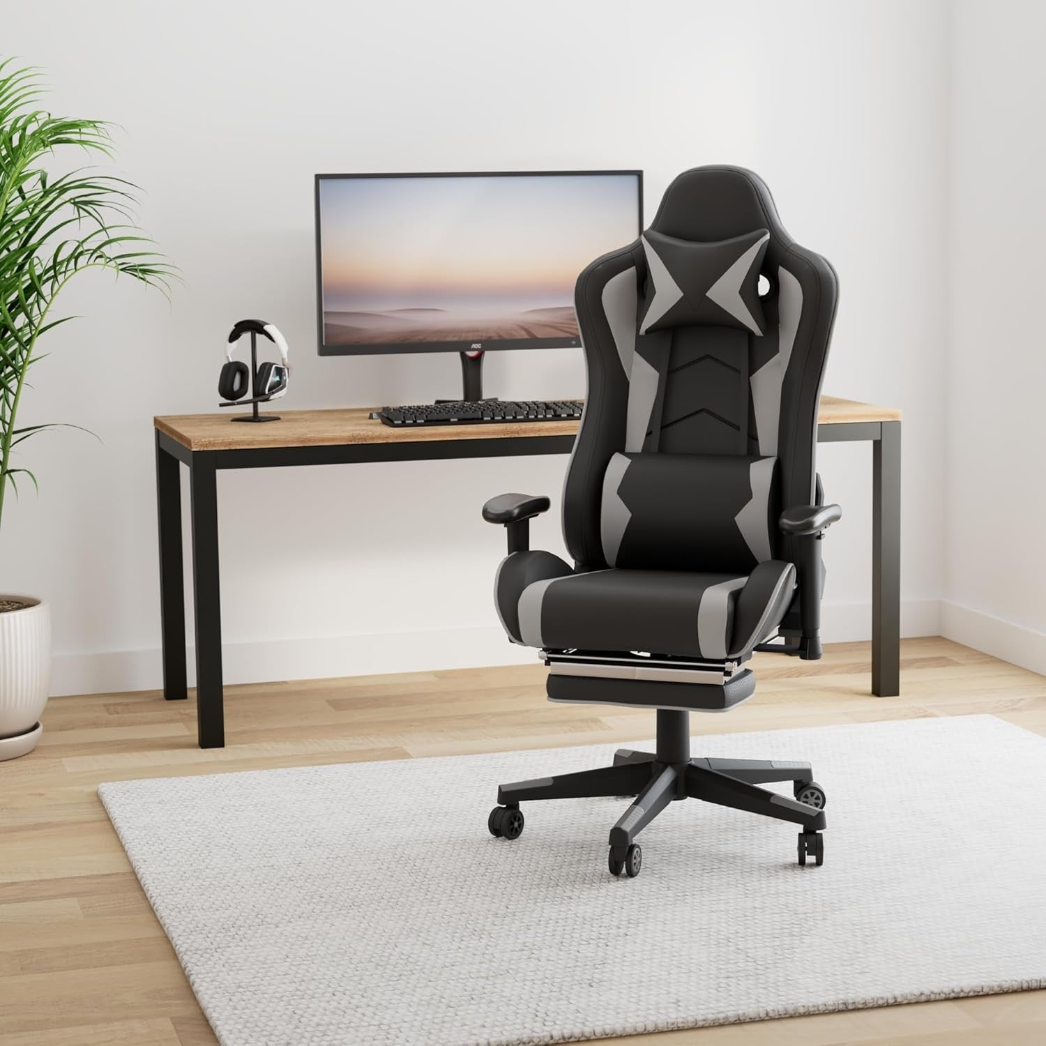 Gaming Chair with Footrest, Gaming Chairs, Comfortable Office Chairs Ergonomic Computer Gamer Chair with Headrest and Lumbar Support, High Back Gaming Chairs for Teens Adults, Grey - GadgifyLab