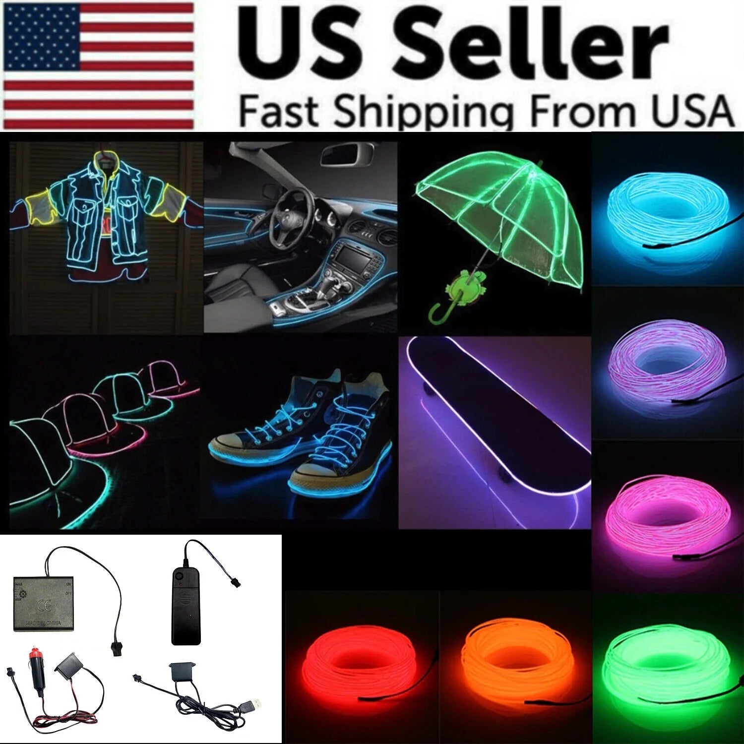 Neon LED Light Glow EL Wire String Strip Rope Tube Decor Car Party + Controller - GadgifyLab