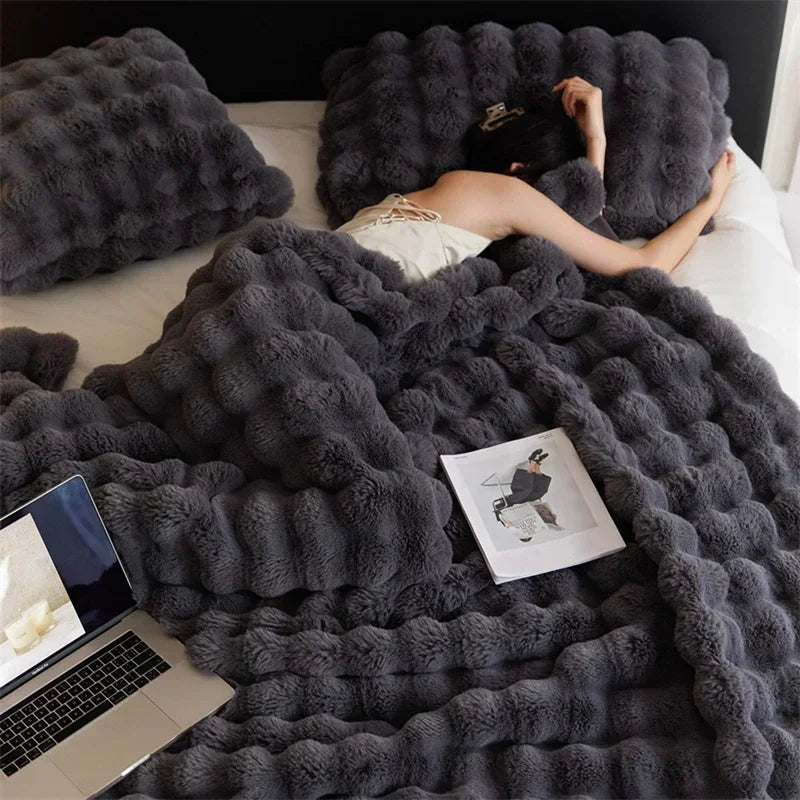 Soft and Cozy Toscana Rabbit Fur Blanket With Double - sided Bubble Fleece - Perfect for Office and Sofa Cover Warm Winter Bed - GadgifyLab