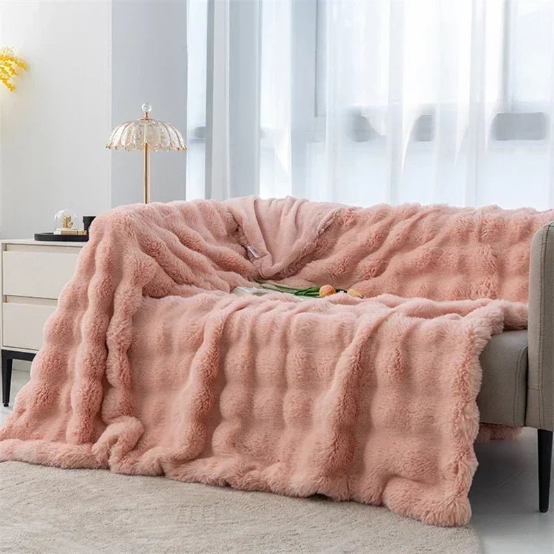 Soft and Cozy Toscana Rabbit Fur Blanket With Double - sided Bubble Fleece - Perfect for Office and Sofa Cover Warm Winter Bed - GadgifyLab