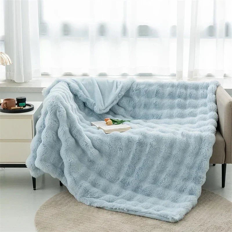 Soft and Cozy Toscana Rabbit Fur Blanket With Double - sided Bubble Fleece - Perfect for Office and Sofa Cover Warm Winter Bed - GadgifyLab