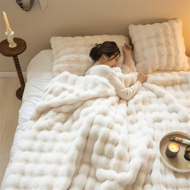 Soft and Cozy Toscana Rabbit Fur Blanket With Double - sided Bubble Fleece - Perfect for Office and Sofa Cover Warm Winter Bed - GadgifyLab