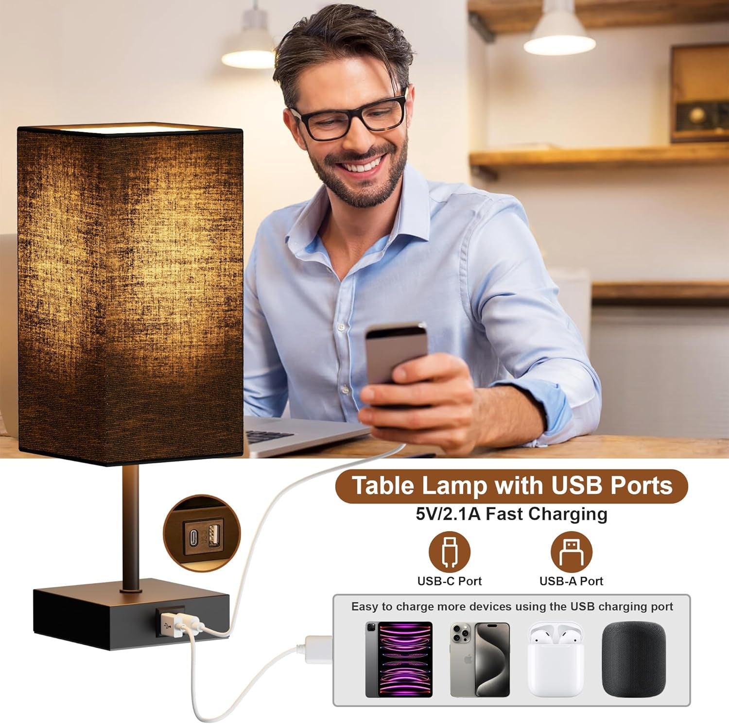 Table Lamp for Bedroom, 3 Way Dimmable Touch Bedside Lamp, Small Lamp with 2 USB C+A Charging Ports, Black Nightstand Lamps for End Table, Living Room, Desk, Bulb Included - GadgifyLab