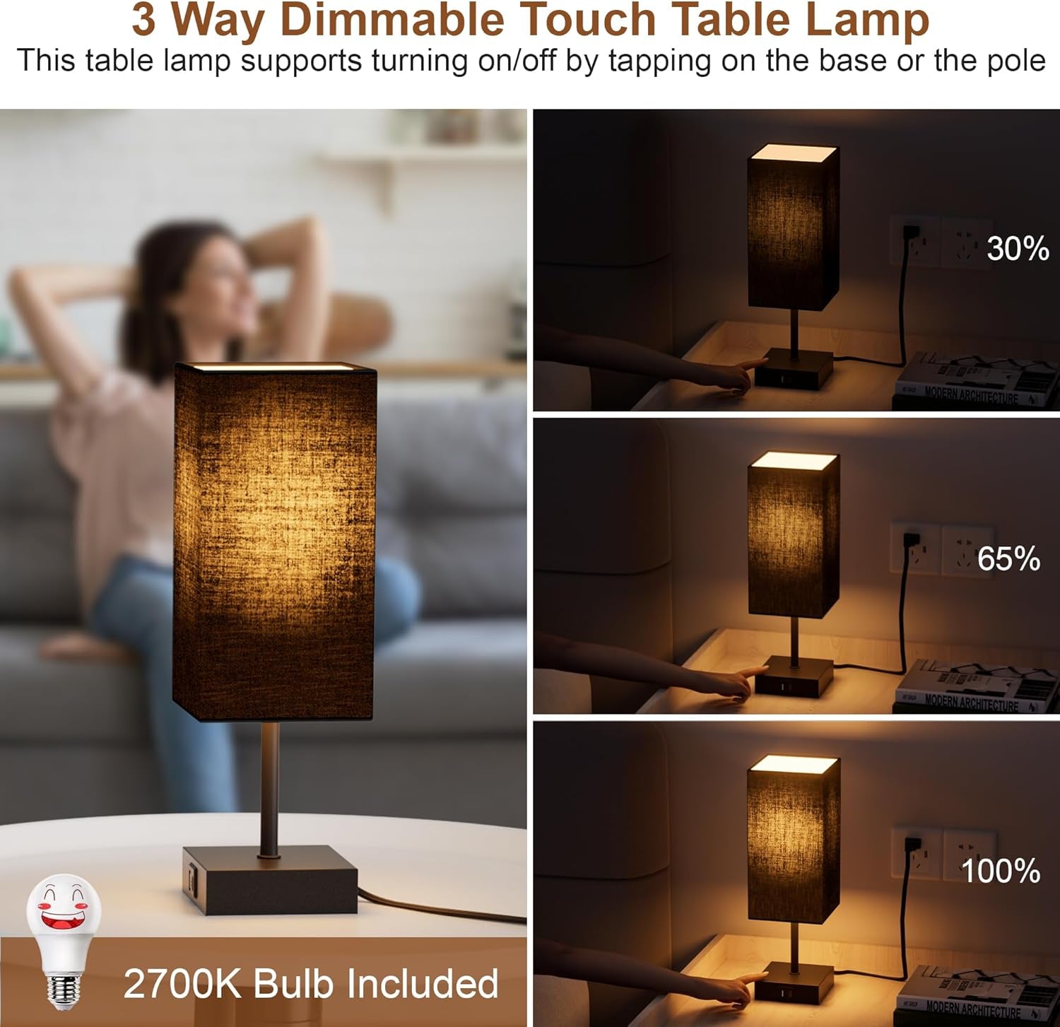 Table Lamp for Bedroom, 3 Way Dimmable Touch Bedside Lamp, Small Lamp with 2 USB C+A Charging Ports, Black Nightstand Lamps for End Table, Living Room, Desk, Bulb Included - GadgifyLab
