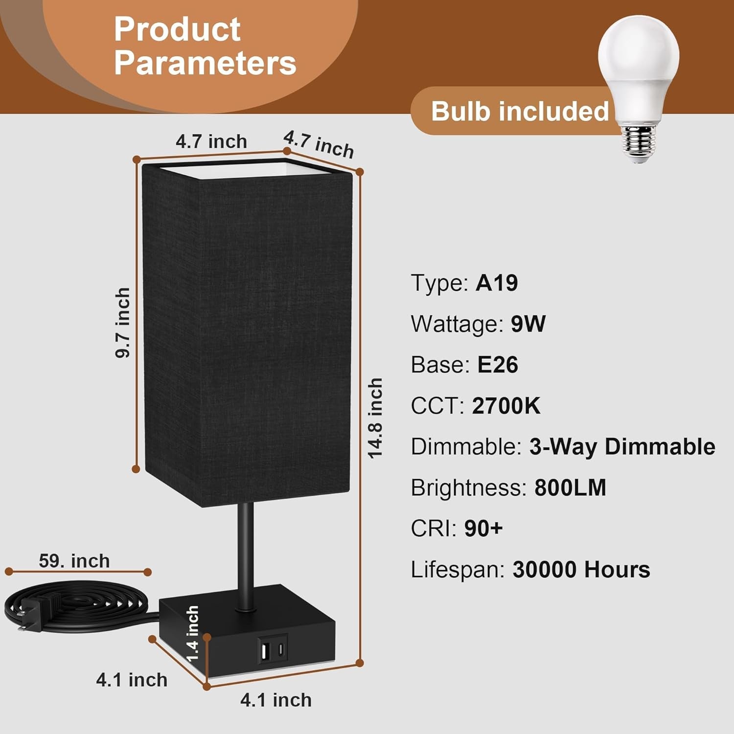 Table Lamp for Bedroom, 3 Way Dimmable Touch Bedside Lamp, Small Lamp with 2 USB C+A Charging Ports, Black Nightstand Lamps for End Table, Living Room, Desk, Bulb Included - GadgifyLab