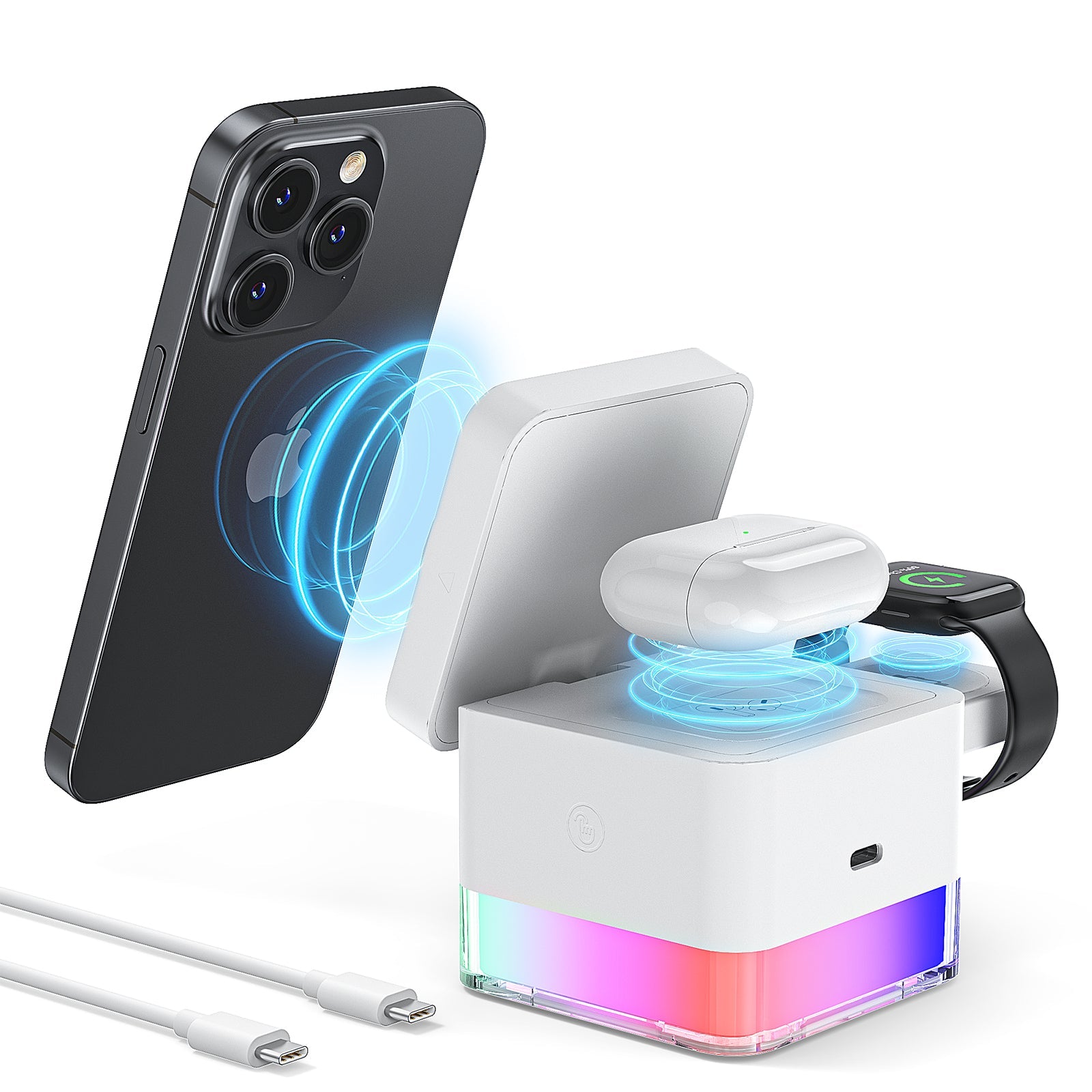 Wireless Charging Station, 3 in 1 Wireless Charger Stand for Multiple Iphone Devices, Wireless Charger for Iphone 16/15/14/13/12/Pro/Pro Max, Iwatch 10/SE/9/8/7/6/5/4/3/2, Airpods 2/3, White - GadgifyLab