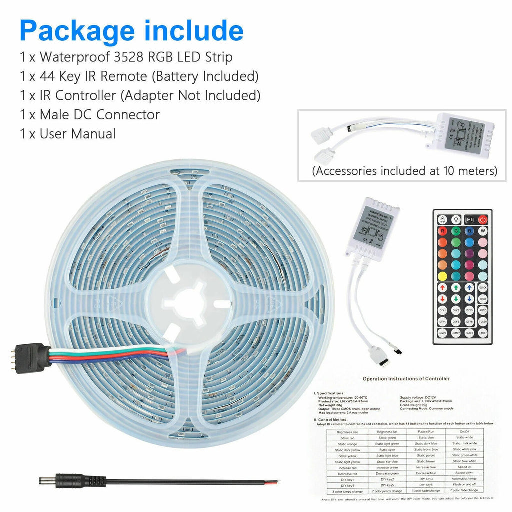 32FT LED SMD Strip Light Flexible 3528 RGB Remote Fairy Lights Room TV Party Bar - GadgifyLab