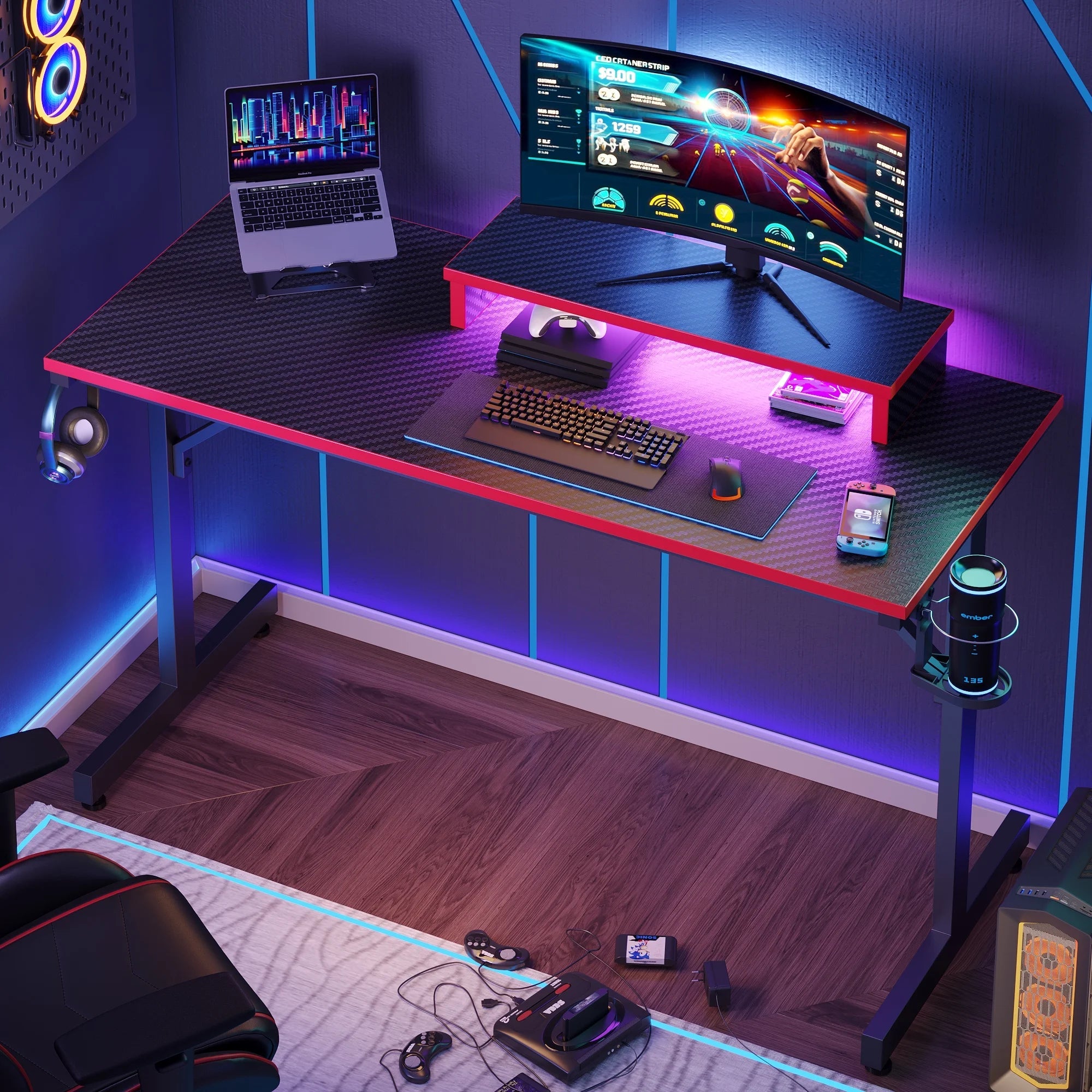 42" Gaming Desk PC Computer Office Gamer Table Desk with LED Lights & Monitor Stand in Red - GadgifyLab
