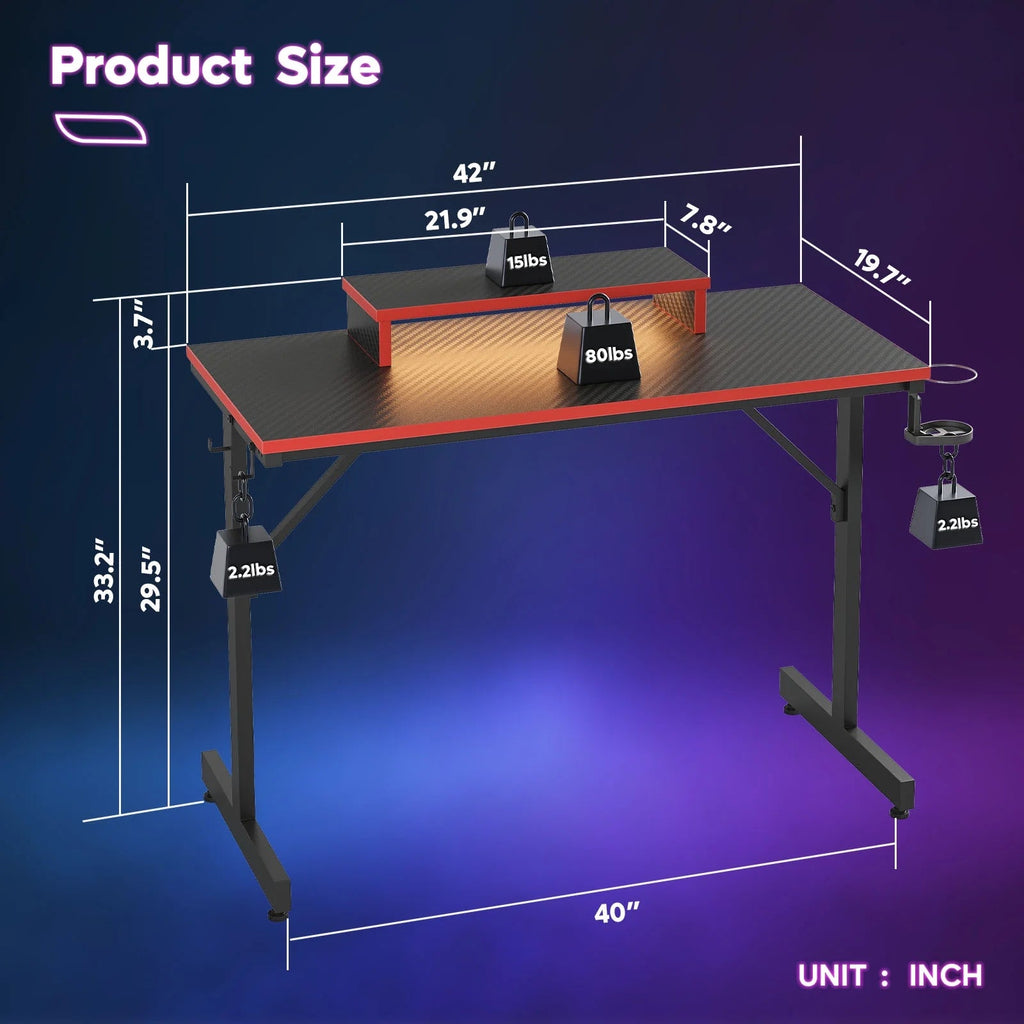 42" Gaming Desk PC Computer Office Gamer Table Desk with LED Lights & Monitor Stand in Red - GadgifyLab
