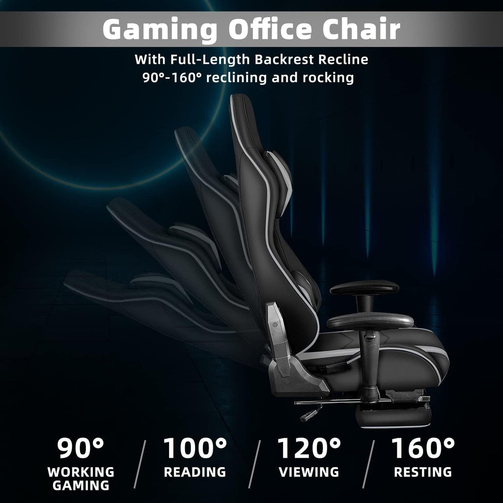 Gaming Chair with Footrest, Gaming Chairs, Comfortable Office Chairs Ergonomic Computer Gamer Chair with Headrest and Lumbar Support, High Back Gaming Chairs for Teens Adults, Grey - GadgifyLab