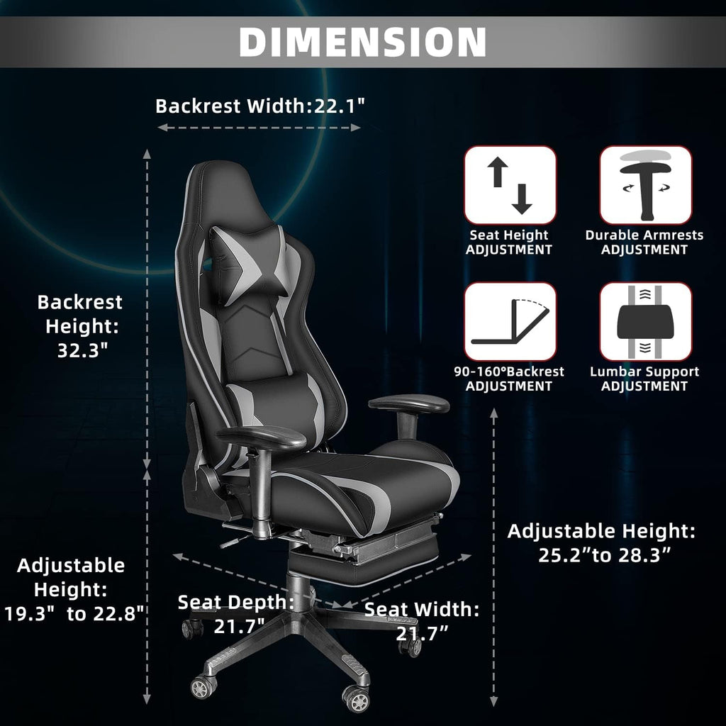 Gaming Chair with Footrest, Gaming Chairs, Comfortable Office Chairs Ergonomic Computer Gamer Chair with Headrest and Lumbar Support, High Back Gaming Chairs for Teens Adults, Grey - GadgifyLab