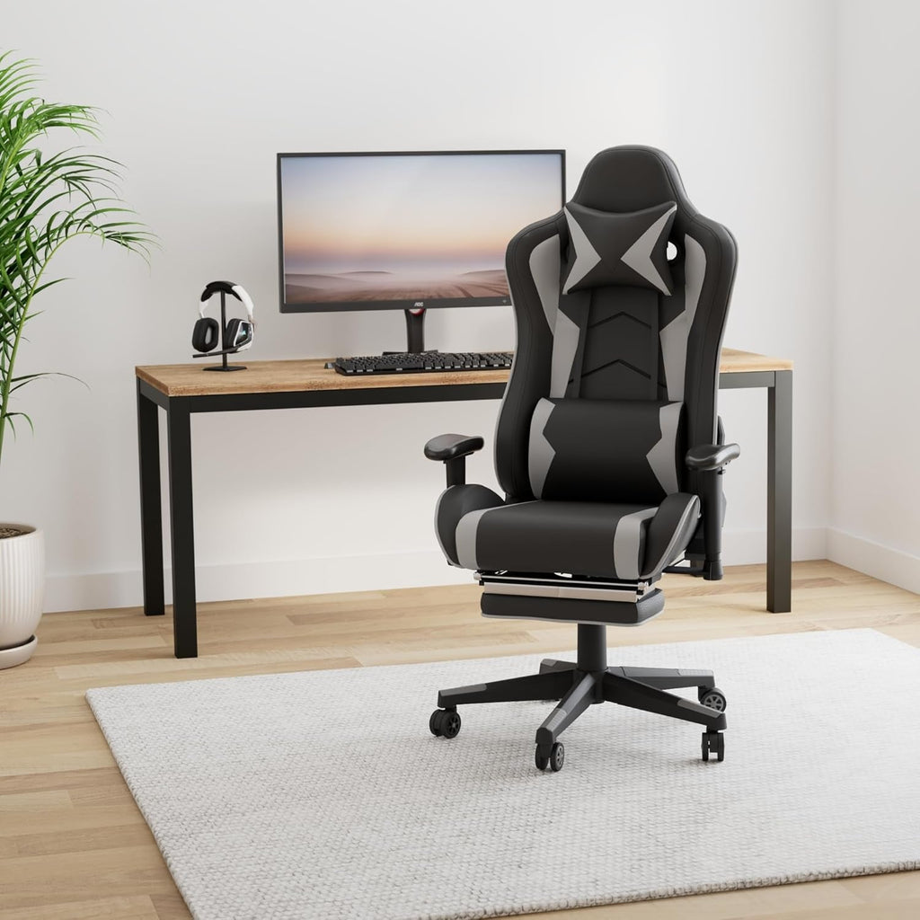 Gaming Chair with Footrest, Gaming Chairs, Comfortable Office Chairs Ergonomic Computer Gamer Chair with Headrest and Lumbar Support, High Back Gaming Chairs for Teens Adults, Grey - GadgifyLab
