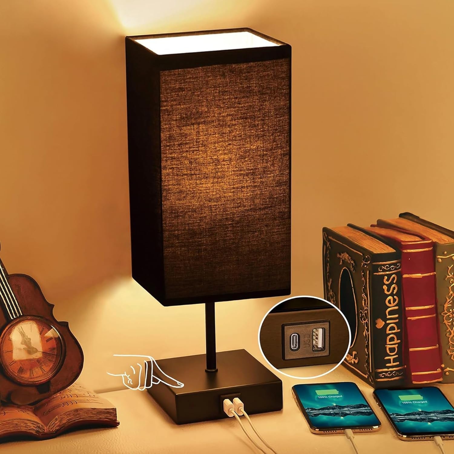 Table Lamp for Bedroom, 3 Way Dimmable Touch Bedside Lamp, Small Lamp with 2 USB C+A Charging Ports, Black Nightstand Lamps for End Table, Living Room, Desk, Bulb Included - GadgifyLab